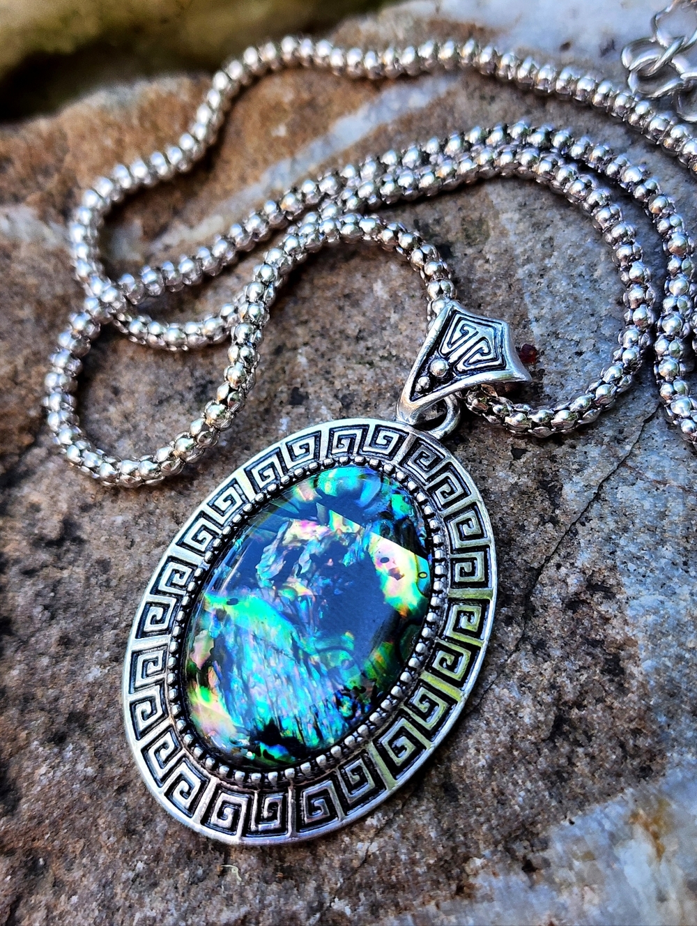 Silver plated Abalone Natural Stone Greca Pendant Silver Chain Necklace